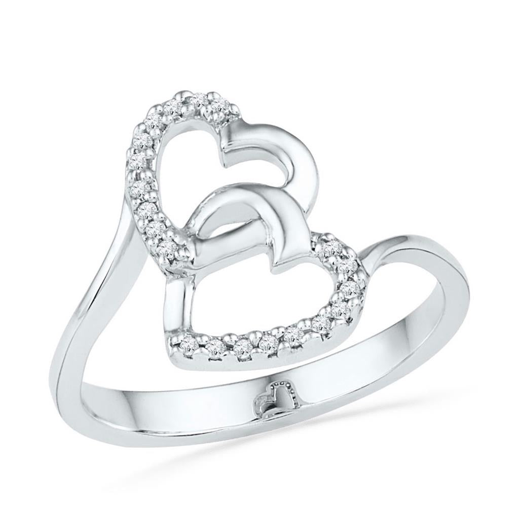 14k White Gold Round Diamond Double Heart Ring 1/12 Cttw