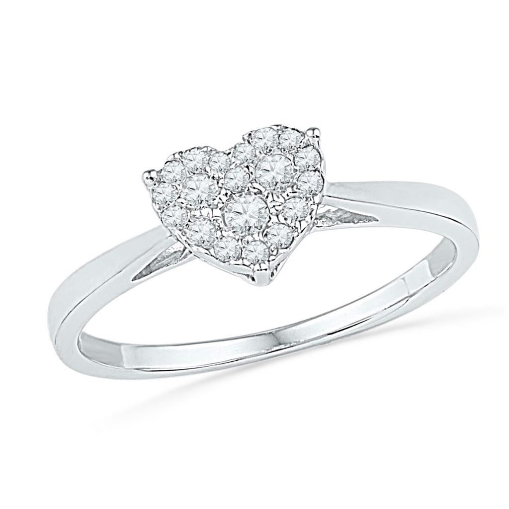 14k White Gold Round Diamond Simple Heart Cluster Ring 1/6 Cttw