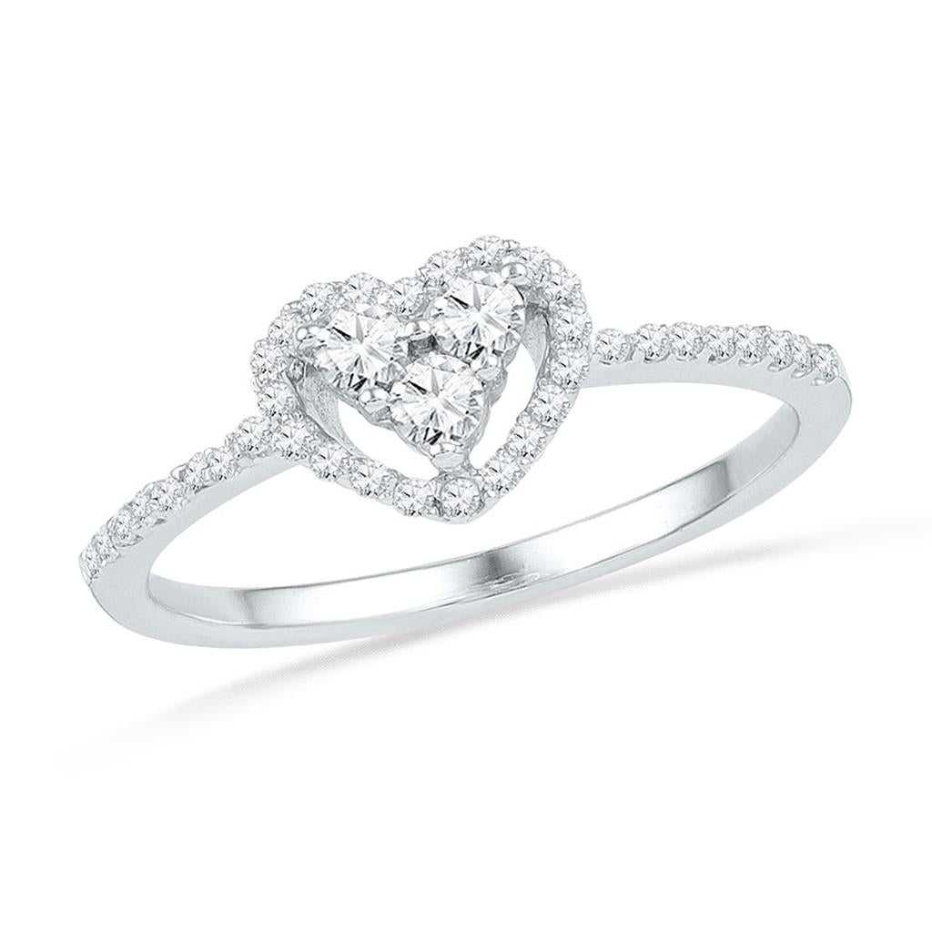 14k White Gold Round Diamond Slender Heart Cluster Ring 1/3 Cttw