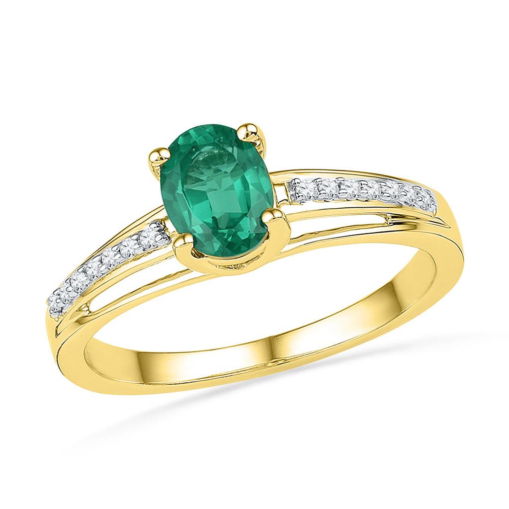 10k Yellow Gold Oval Created Emerald Solitaire Ring 1/12 Cttw