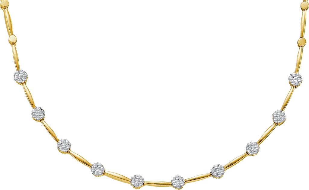 14k Yellow Gold Round Diamond Flower Cluster Cocktail Necklace 1 Ctw