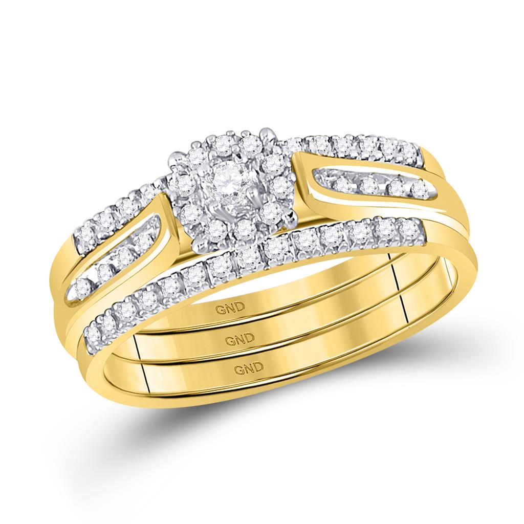 14k Yellow Gold Round Diamond 3-Piece Bridal Wedding Ring Set 1/4 Cttw