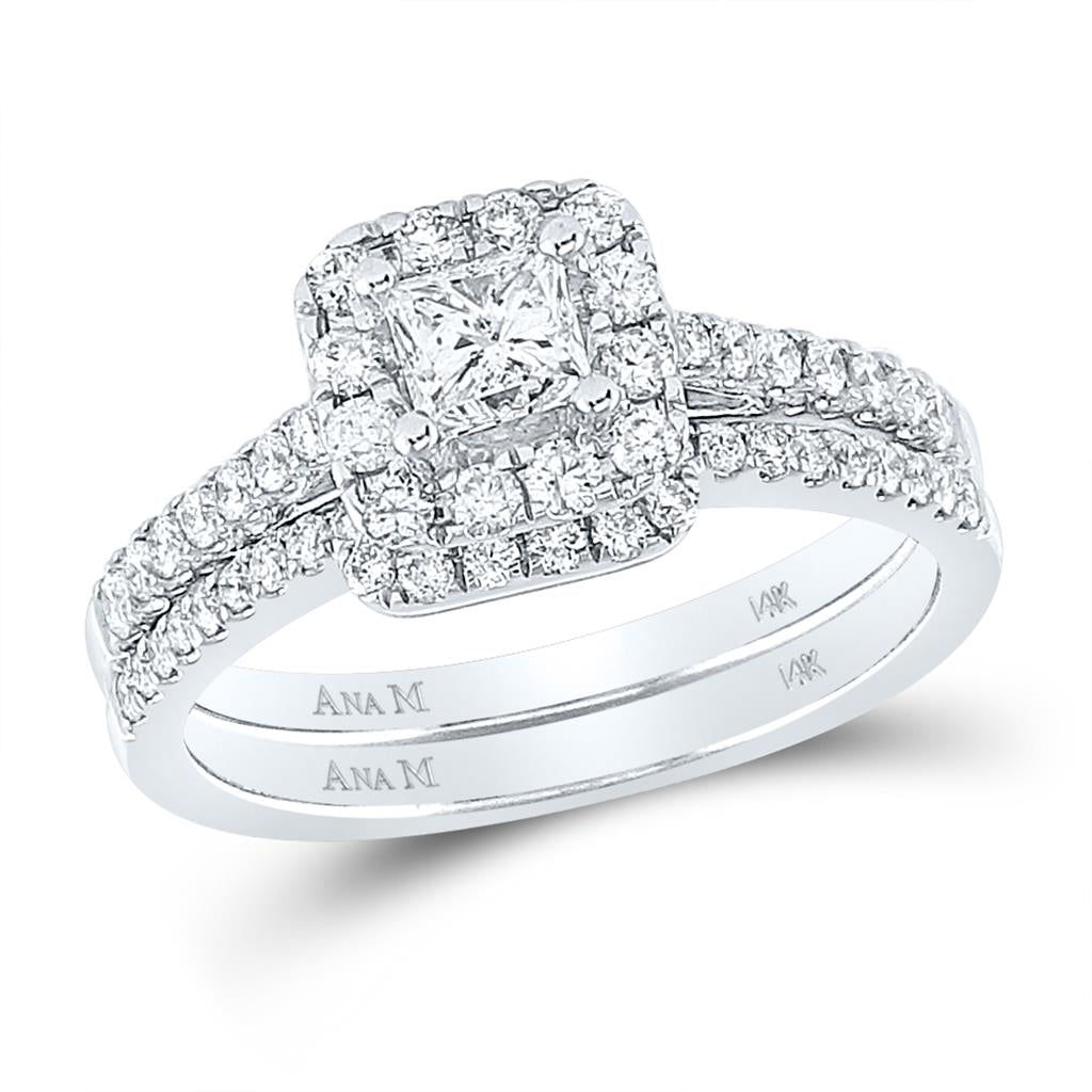 14k White Gold Princess Diamond Halo Bridal Wedding Ring Set 1 Cttw