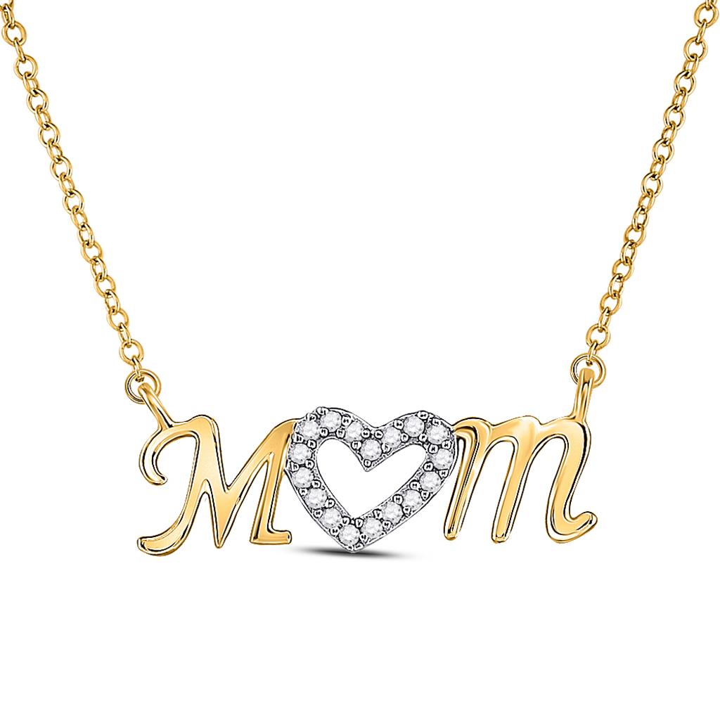 10k Yellow Gold Round Diamond Heart Mom Mother Necklace 1/10 Cttw