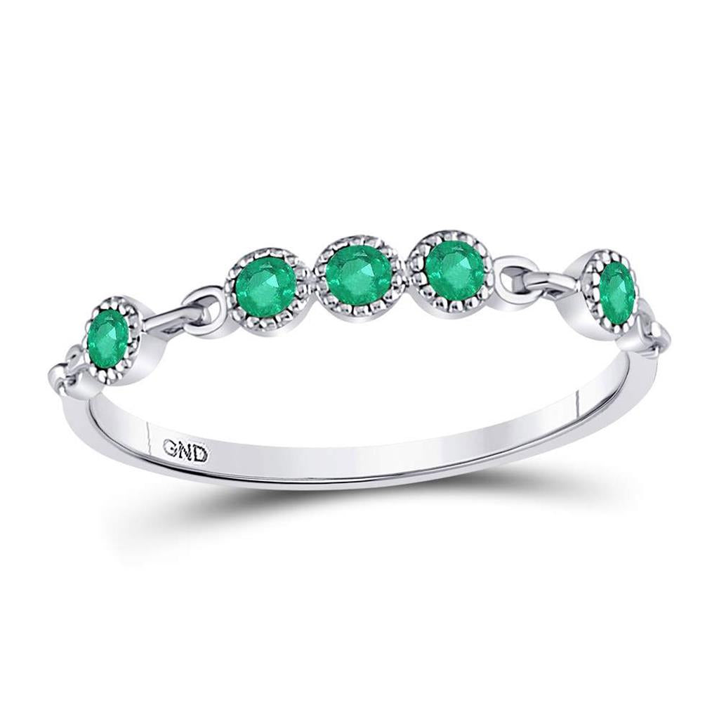 14kt White Gold Round Emerald Dot Stackable Band Ring 1/20 Cttw