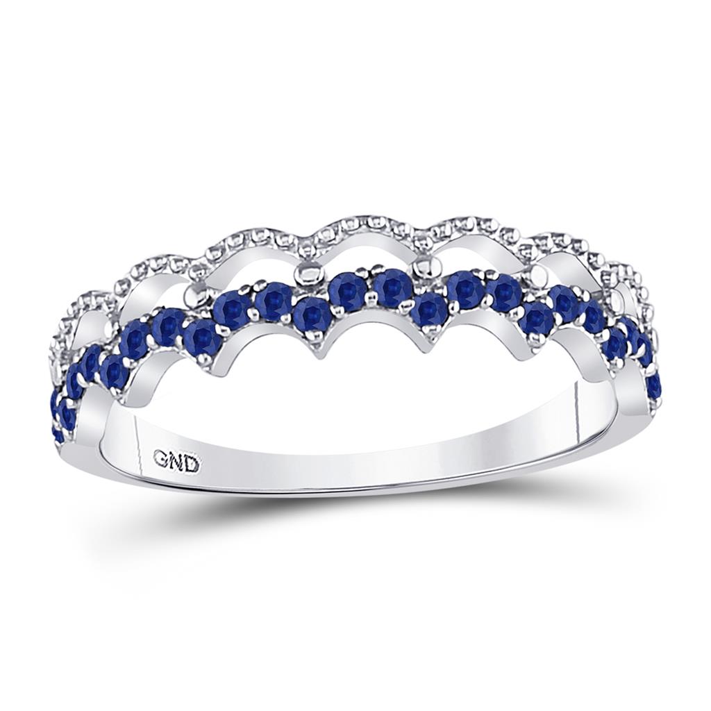 14k White Gold Round Blue Sapphire Scalloped Stackable Band Ring 1/4 Cttw