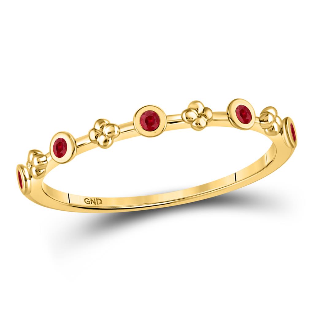 10kt Yellow Gold Round Ruby Dot Flower Stackable Band Ring 1/12 Cttw