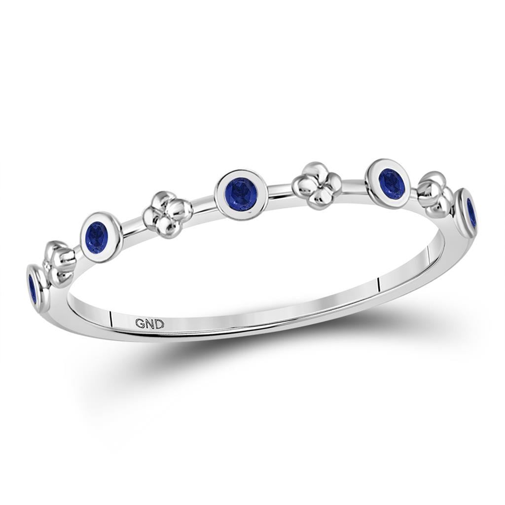 14kt White Gold Round Blue Sapphire Dot Flower Stackable Band Ring 1/12 Cttw