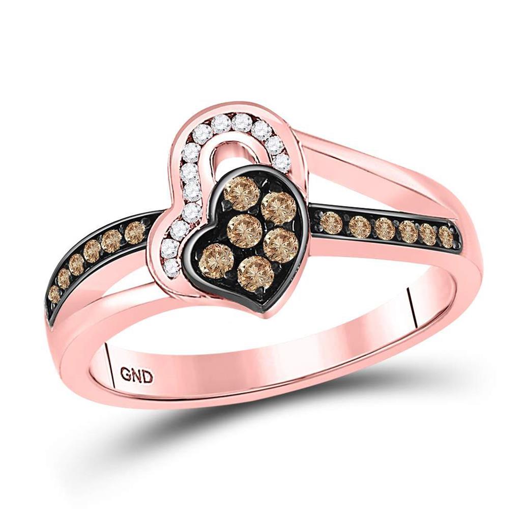 10k Rose Gold Round Brown Diamond Heart Ring 1/3 Cttw