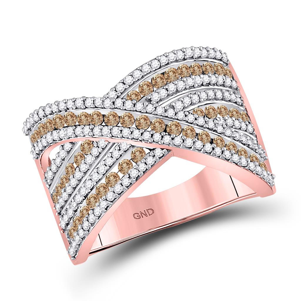 10k Rose Gold Round Brown Diamond Crossover Ring 1 Cttw