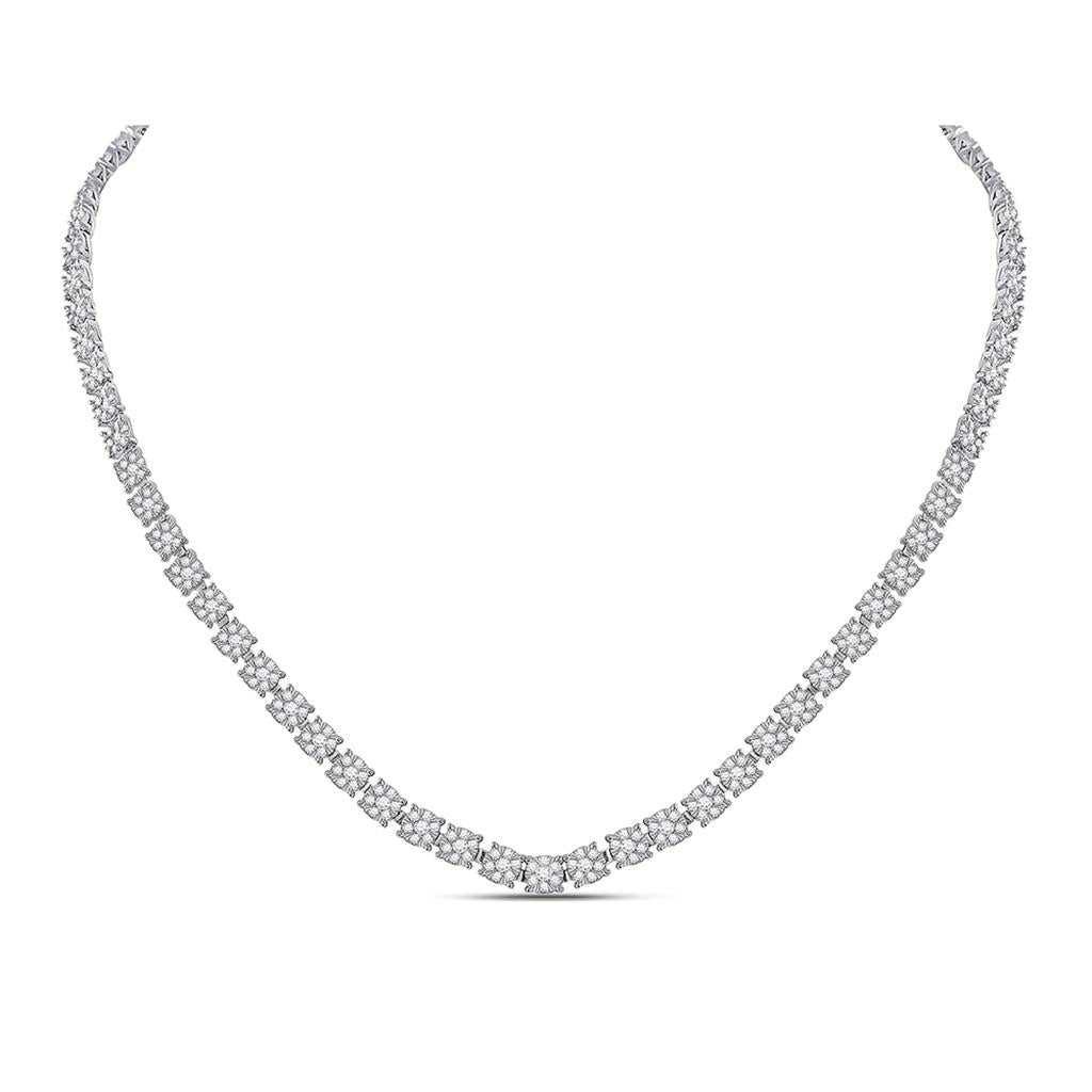 14k White Gold Round Diamond Cluster Tennis Necklace 8-1/4 Ctw