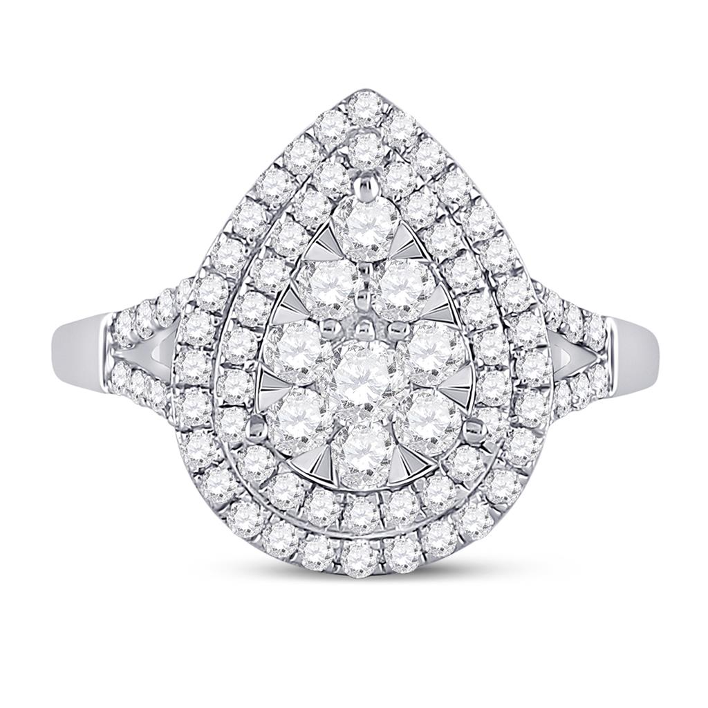 14k White Gold Round Diamond Fashion Pear Cluster Ring 1 Cttw