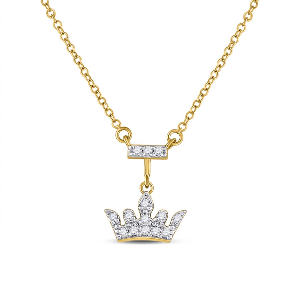 10k Yellow Gold Round Diamond Crown Tiara Fashion Necklace 1/10 Cttw