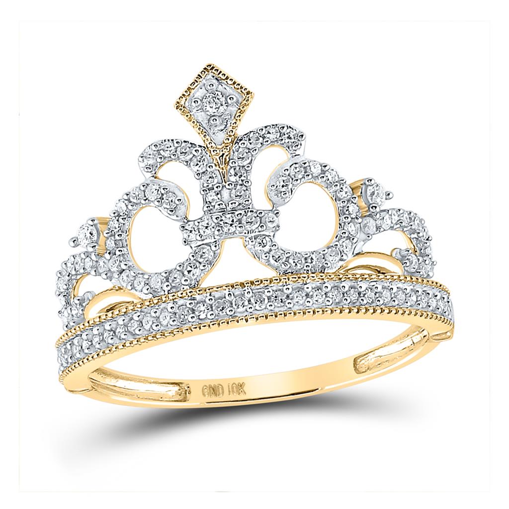 10k Yellow Gold Round Diamond Fleur Crown Tiara Fashion Ring 1/5 Cttw