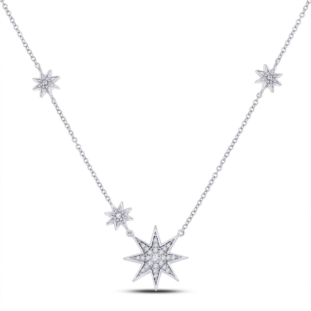 14k White Gold Round Diamond Starburst Fashion Necklace 1/5 Ctw