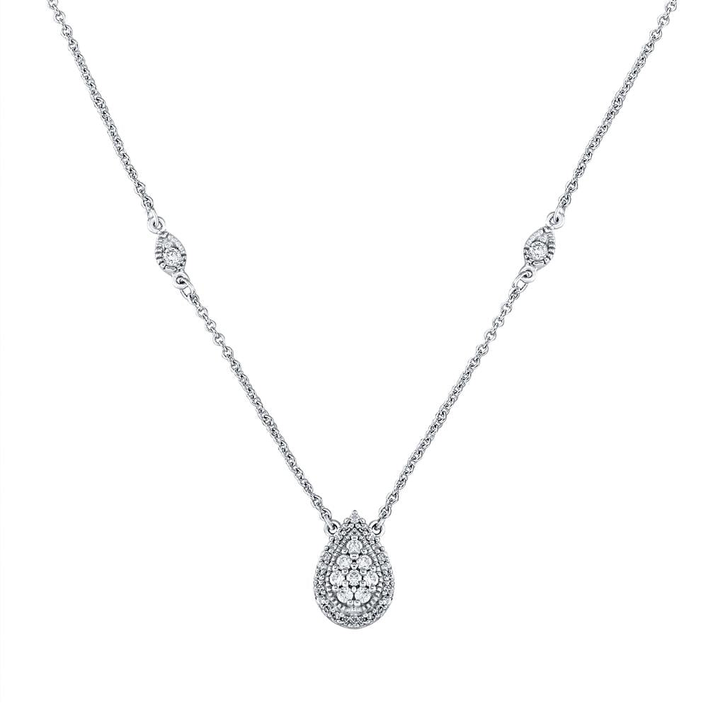 14k White Gold Round Diamond Teardrop Necklace 1/5 Cttw