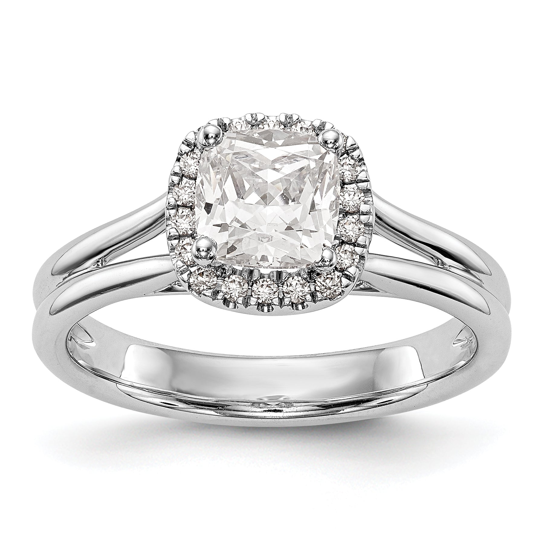 14kw Cushion Halo Simulated Diamond Split Shank Engagement Ring