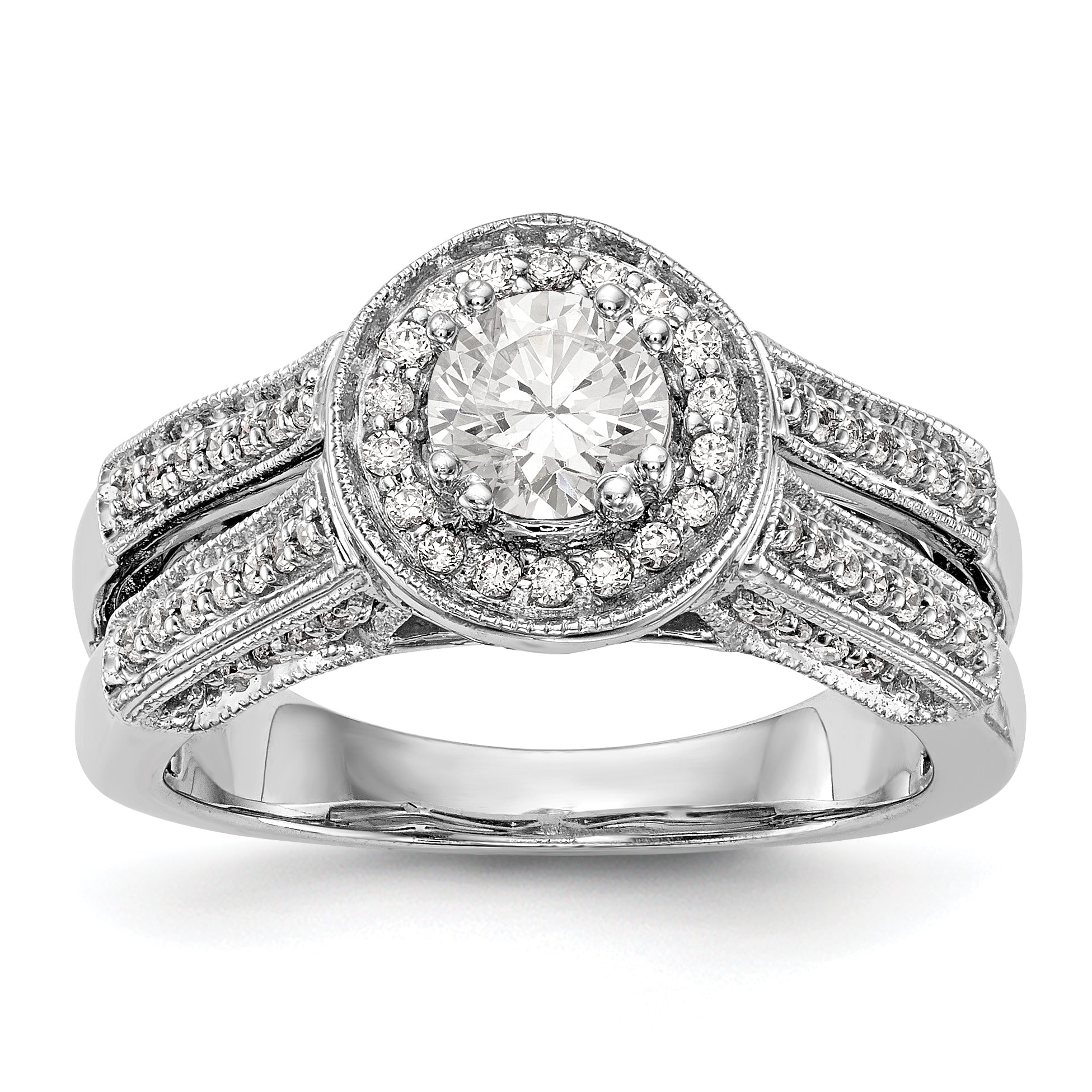 14K White Gold Round Simulated Diamond Halo Engagement Ring