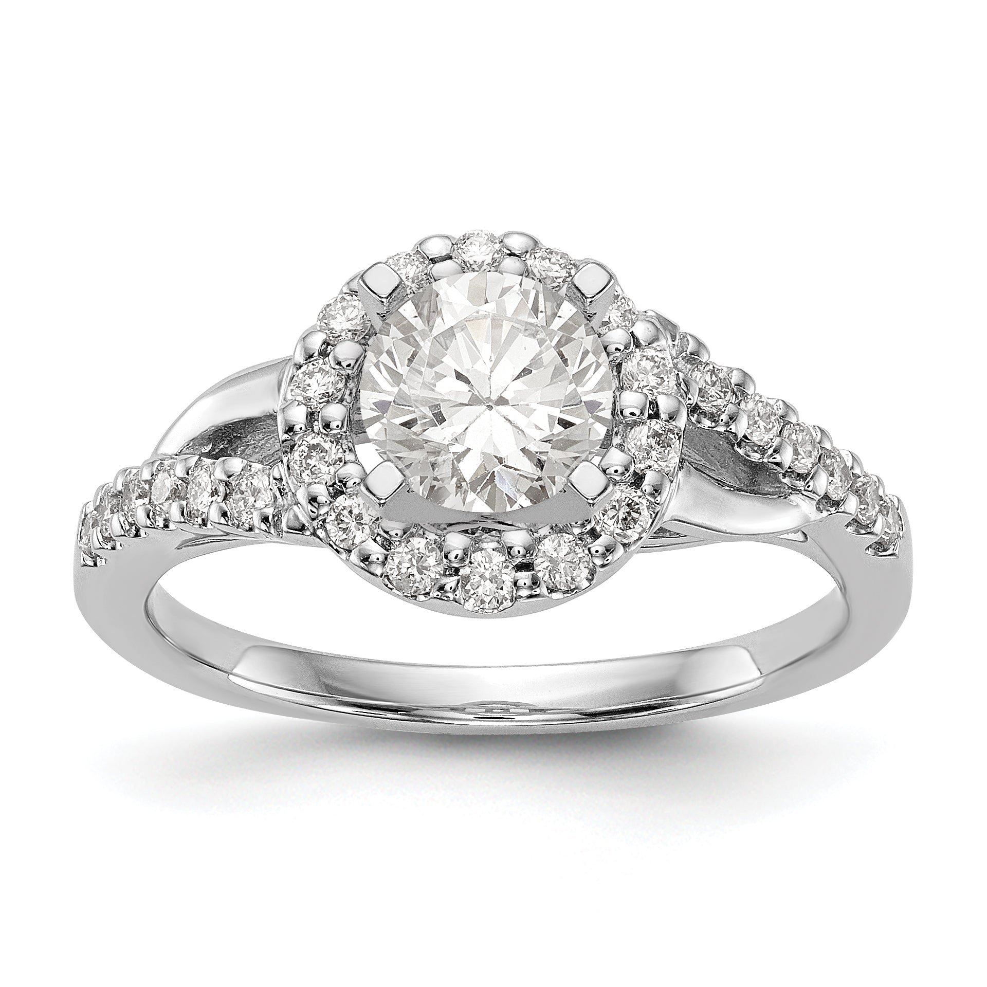 14K White Gold Peg Set Simulated Diamond Halo Engagement Ring