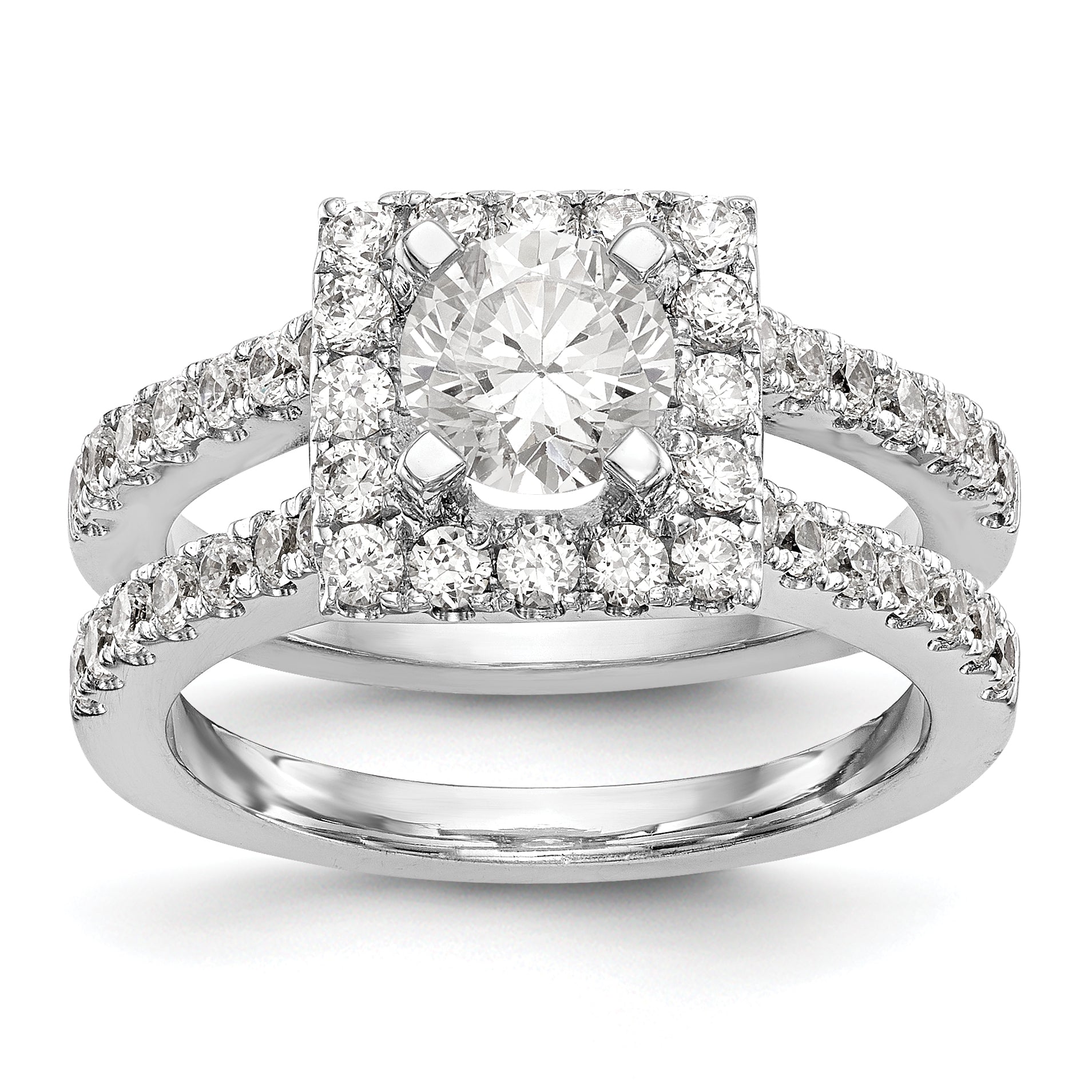 14KW Round Simulated Diamond Square Halo Engagement Ring