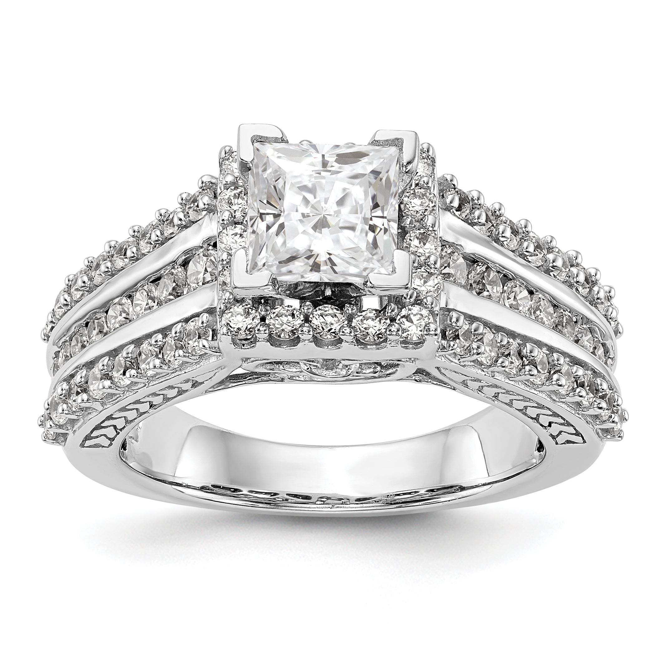 14kw Peg Set Diamond Princess CZ Square Halo Engagement Ring