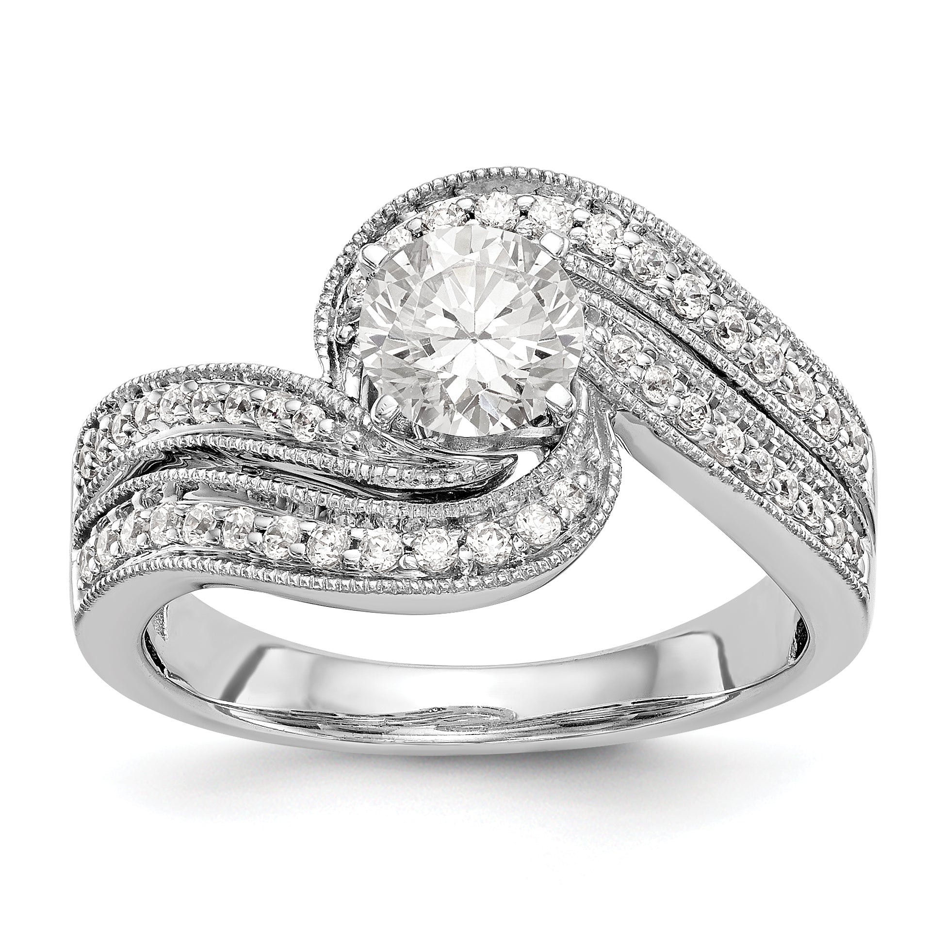 14k White Gold Peg Set Simulated Diamond By Pass Engagement Ring