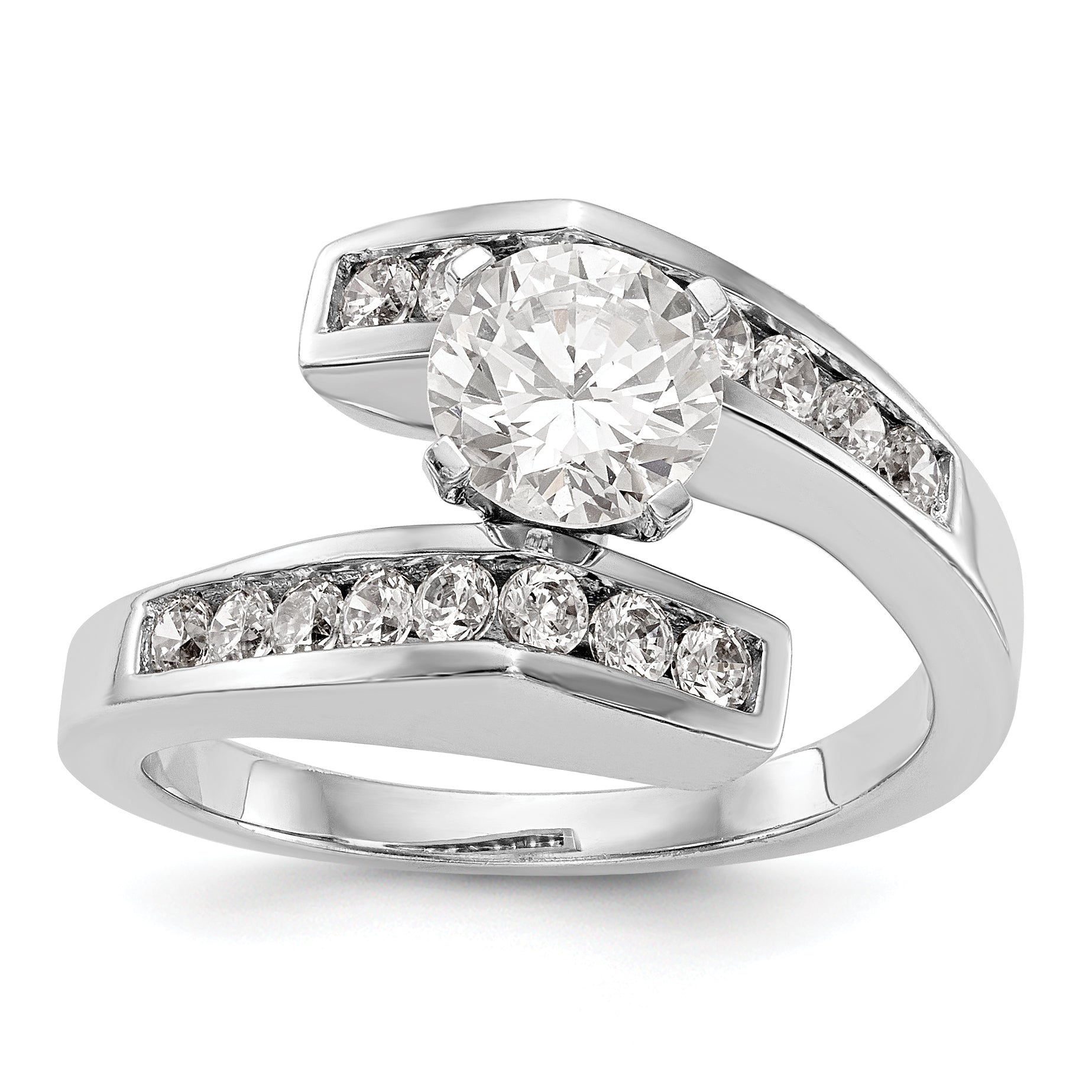 14k White Gold Peg Set Simulated Diamond By Pass Engagement Ring