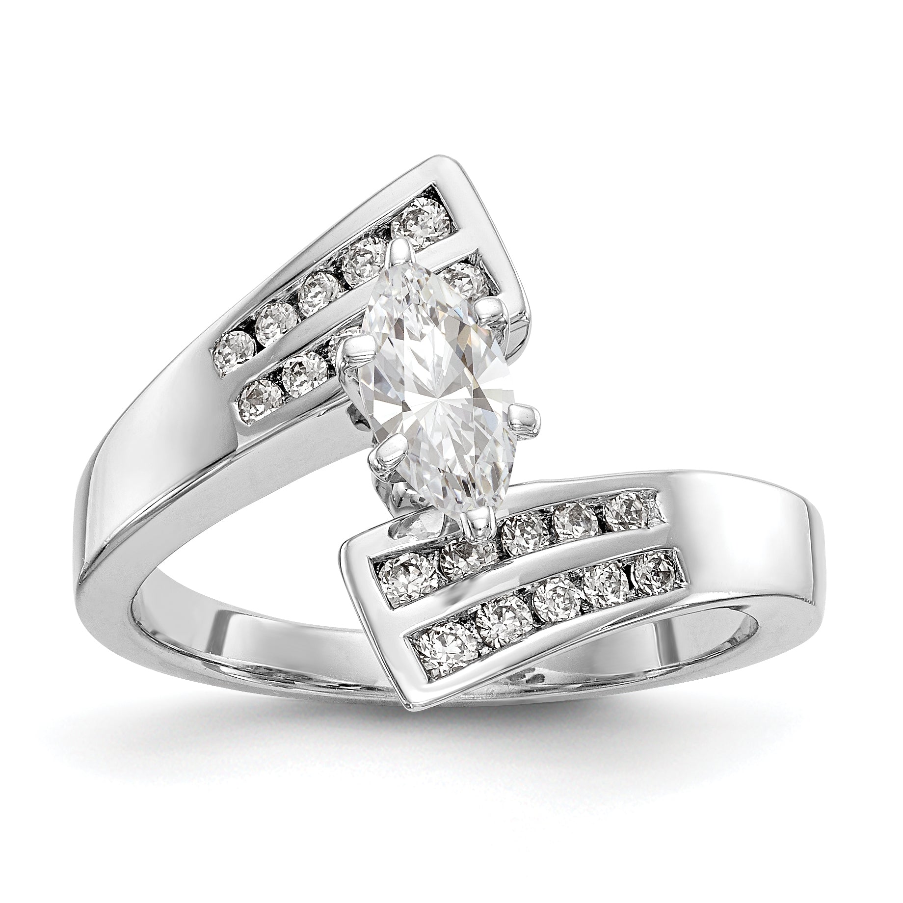 14k White Gold Peg Set Simulated Diamond By Pass Engagement Ring