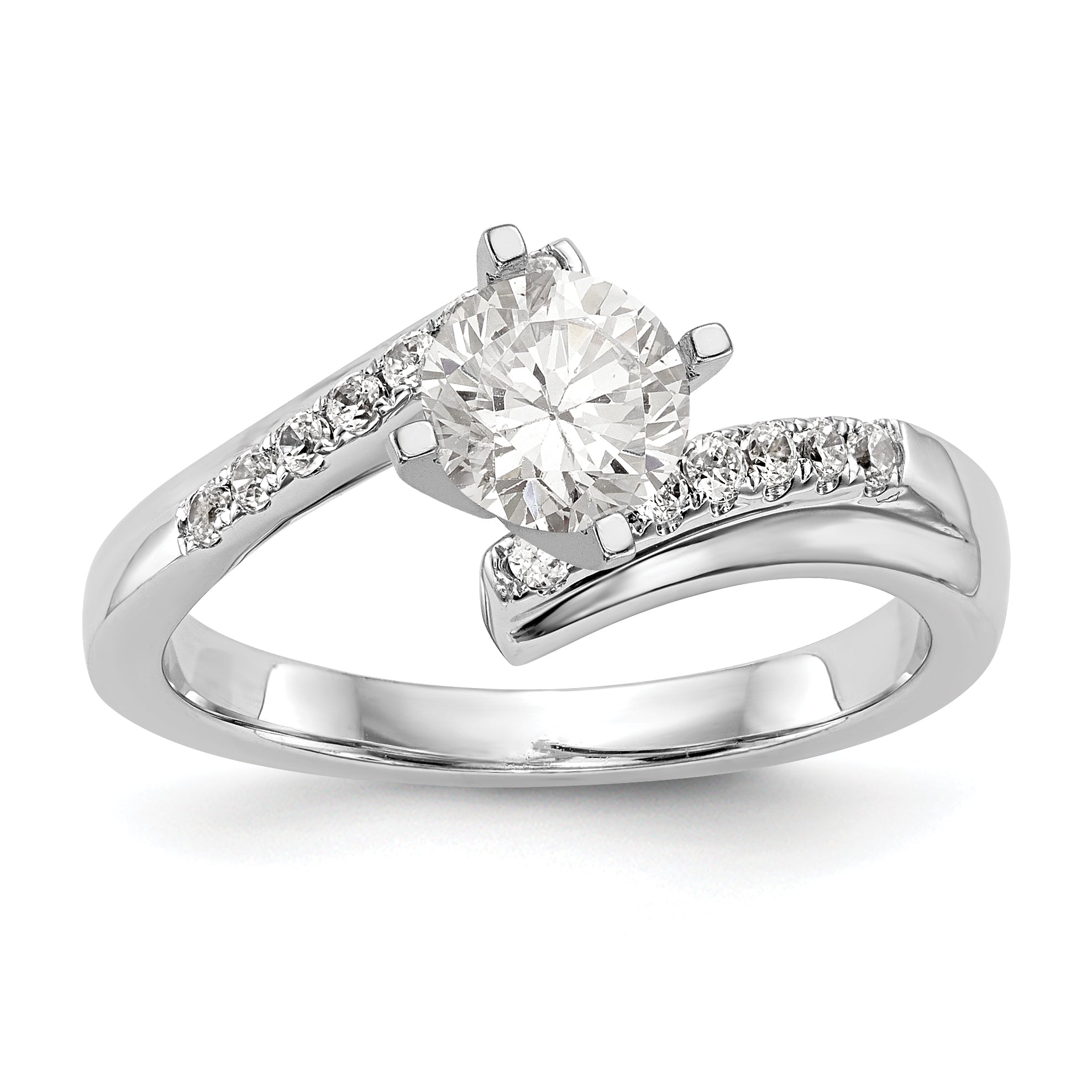 14k White Gold Peg Set Simulated Diamond By Pass Engagement Ring