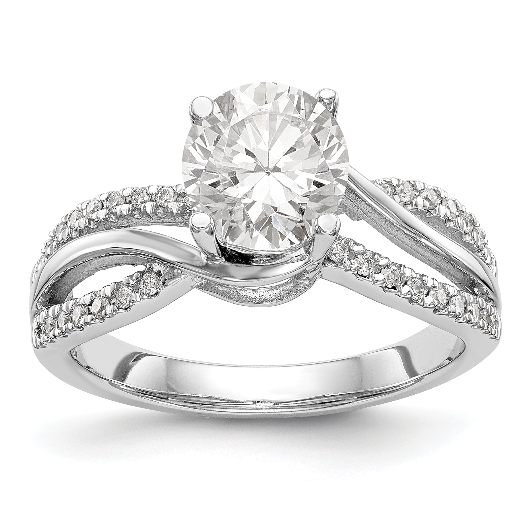 14k White Gold Diamond Round CZ Criss Cross Engagement Ring