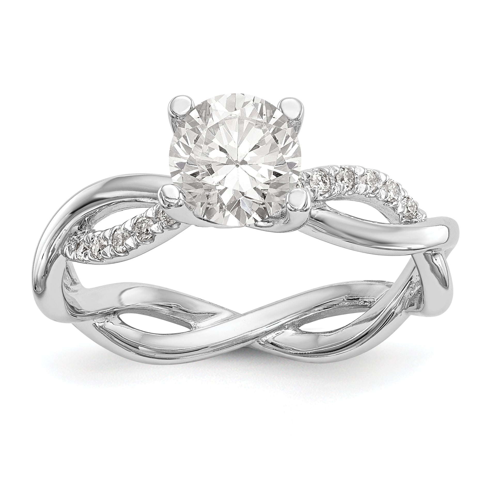 14k White Gold Diamond Round CZ Criss Cross Engagement Ring