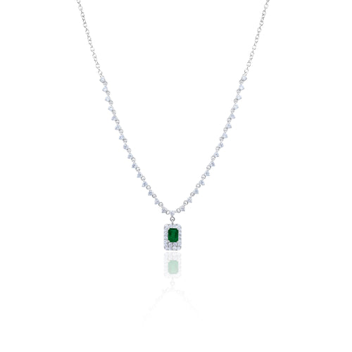 1.39tcw 14K White Gold Emerald Trillion Diamond Halo Pendant Necklace