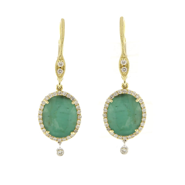 Emerald Diamond Drop Earrings 14K Yellow Gold & Silver Oval Charm ...