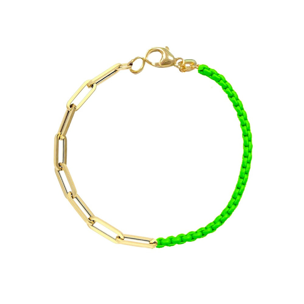 Half and Half Neon Green Chain and Gold Plated Paperclip Chain Bracelet- ALL NEW BOUTIQUE EXCLUSIVE