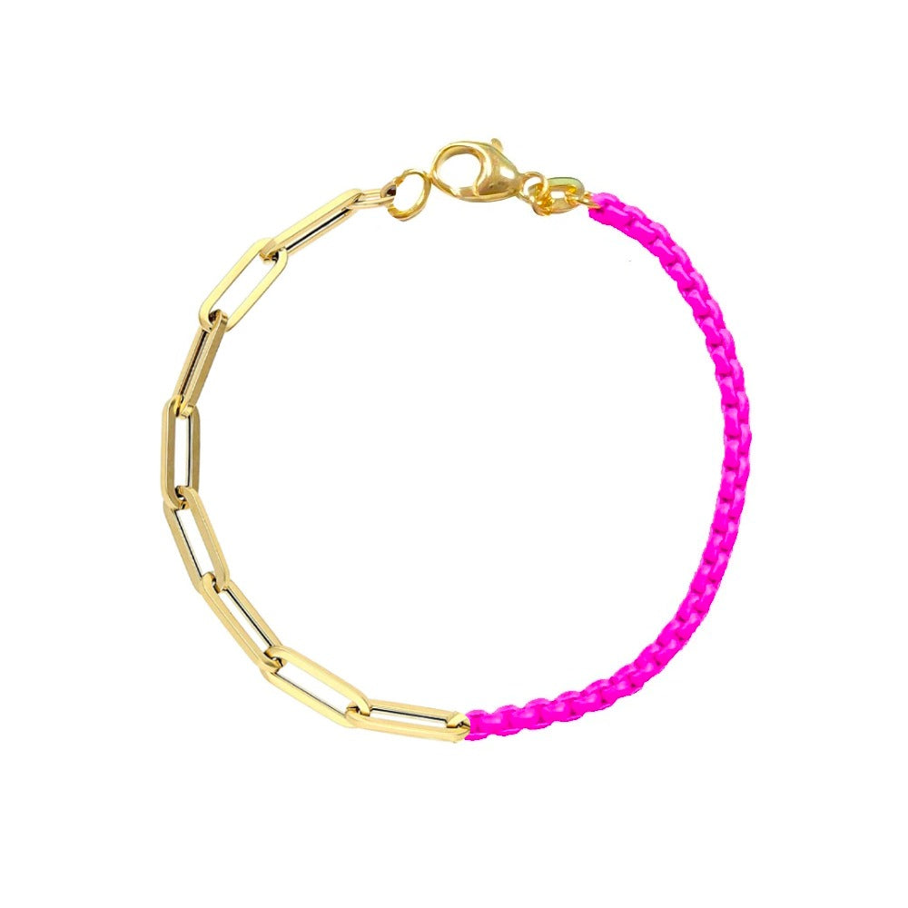 Half and Half Neon Pink Chain and Gold Plated Paperclip Chain Bracelet- ALL NEW BOUTIQUE EXCLUSIVE