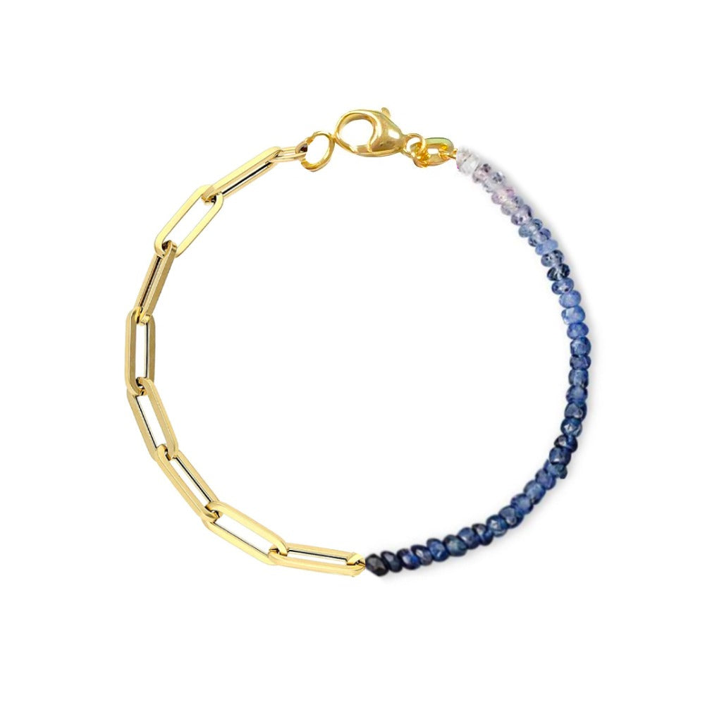 Half and Half Ombre Blue Sapphire Bead and Gold Plated Paperclip Chain Bracelet- ALL NEW BOUTIQUE EXCLUSIVE