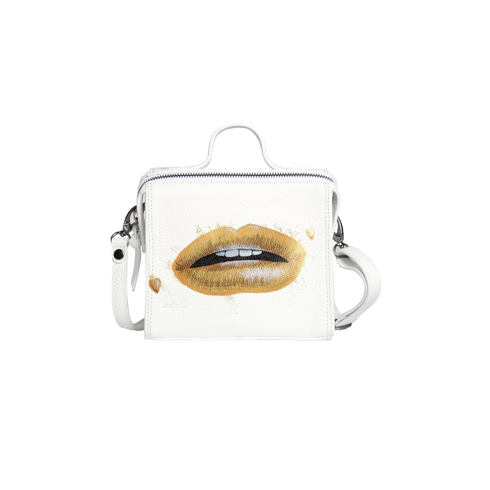 The Mini Meira Metallic White Bag with Gold Lips