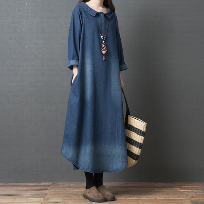 Casual retro loose long sleeve denim shirt dress – fadlk