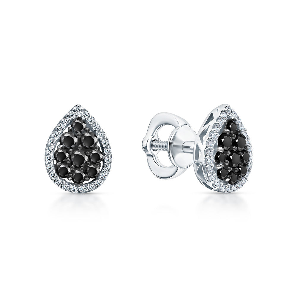14K Gold Black Diamond Teardrop Earrings, Pear-Shaped Halo Studs for Women.