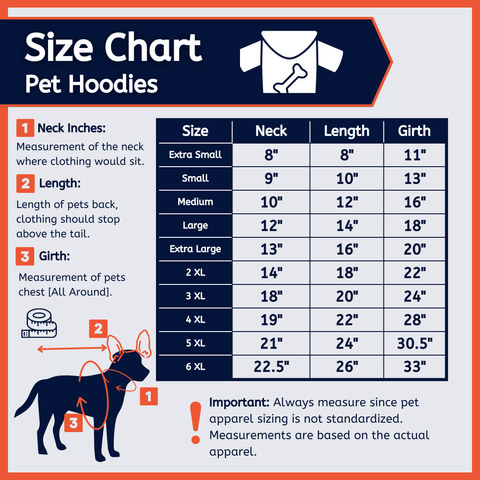 size chart for USA Made pet hoodies and measurement directions