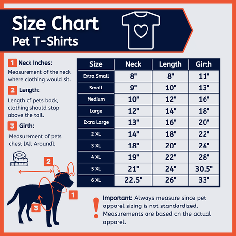 Size chart for USA Made pet t-shirts.