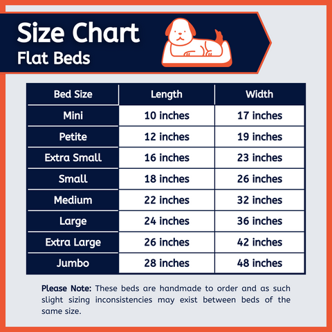 Size chart, USA Made flat pet beds.