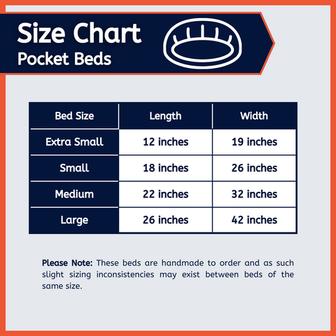 Size chart, USA Made pocket pet beds for dogs and cats.