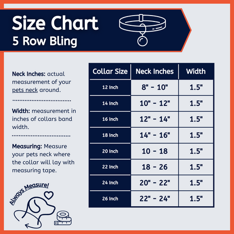 Size chart, five row bling dog collars.