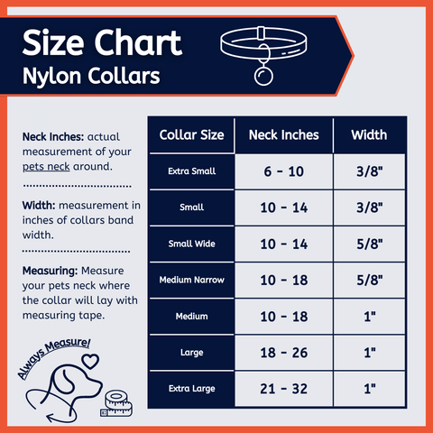 Sizing chart for all types of USA Made Nylon Dog Collars, additional sizing help can be found by contacting customer service.