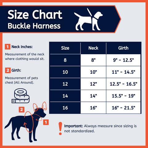 Size chart, buckle dog harness.