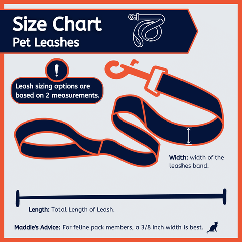 Size chart and measurement information for all USA Made pet leashes, sold by length and width.