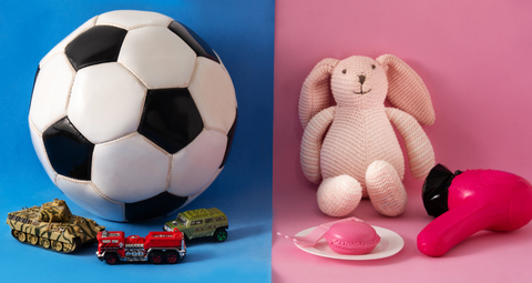 A picture of a football on a blue background on the left, and a bunny and pink blowdryer on a pink background on the right