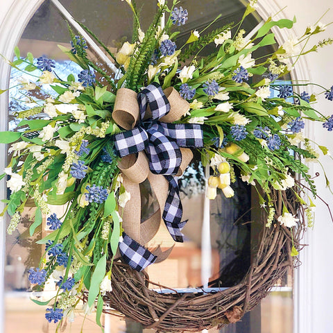 Everyday Spring Wreath with Purple Thistle & Gingham Ribbon