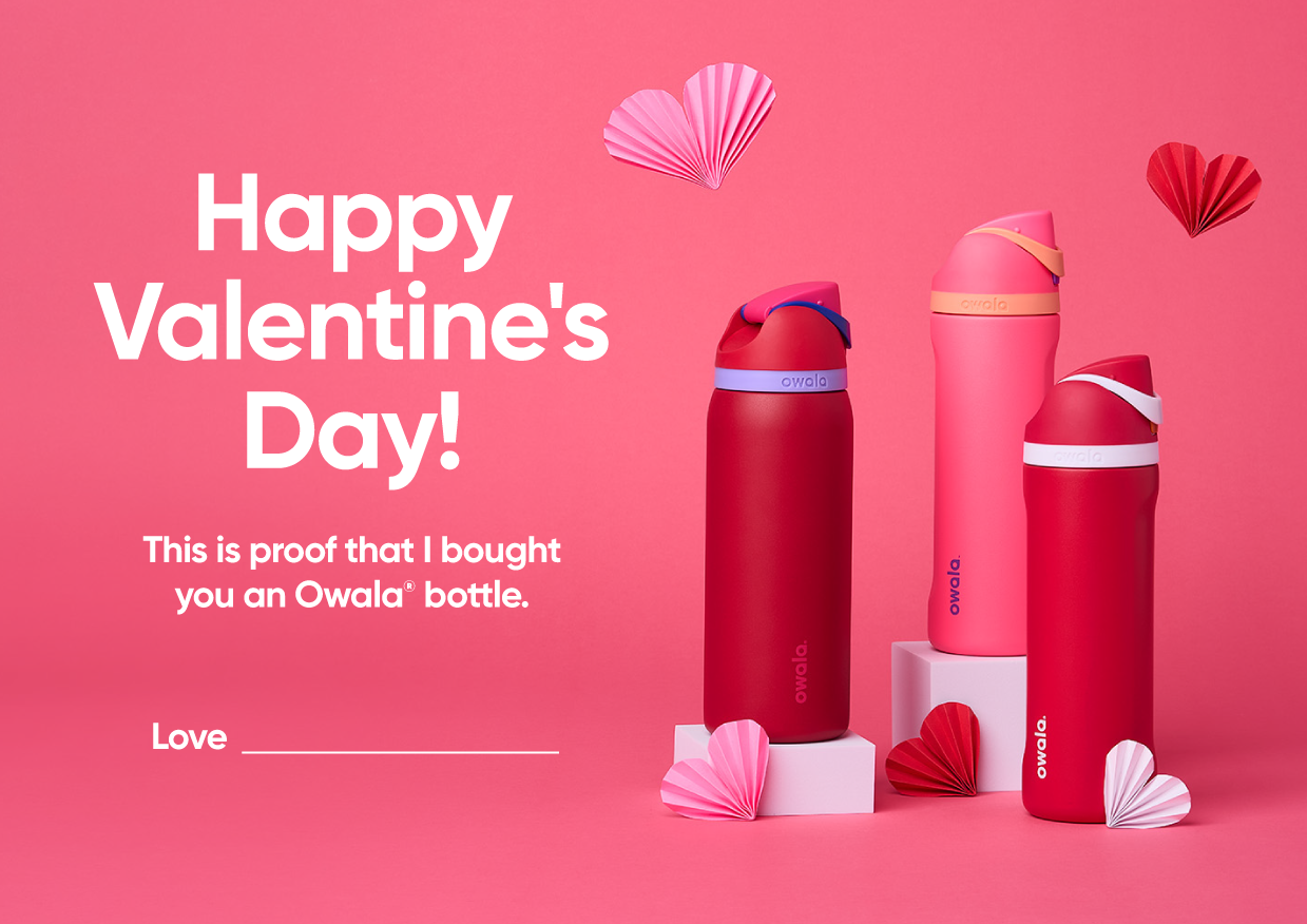 Valentines card showing that a person got someone an Owala bottle for Valentines Day